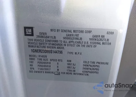 2009 Chevrolet Traverse Lt из США, поврежденный, VIN 1GNER23D89S144796